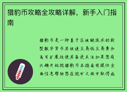 猎豹币攻略全攻略详解，新手入门指南